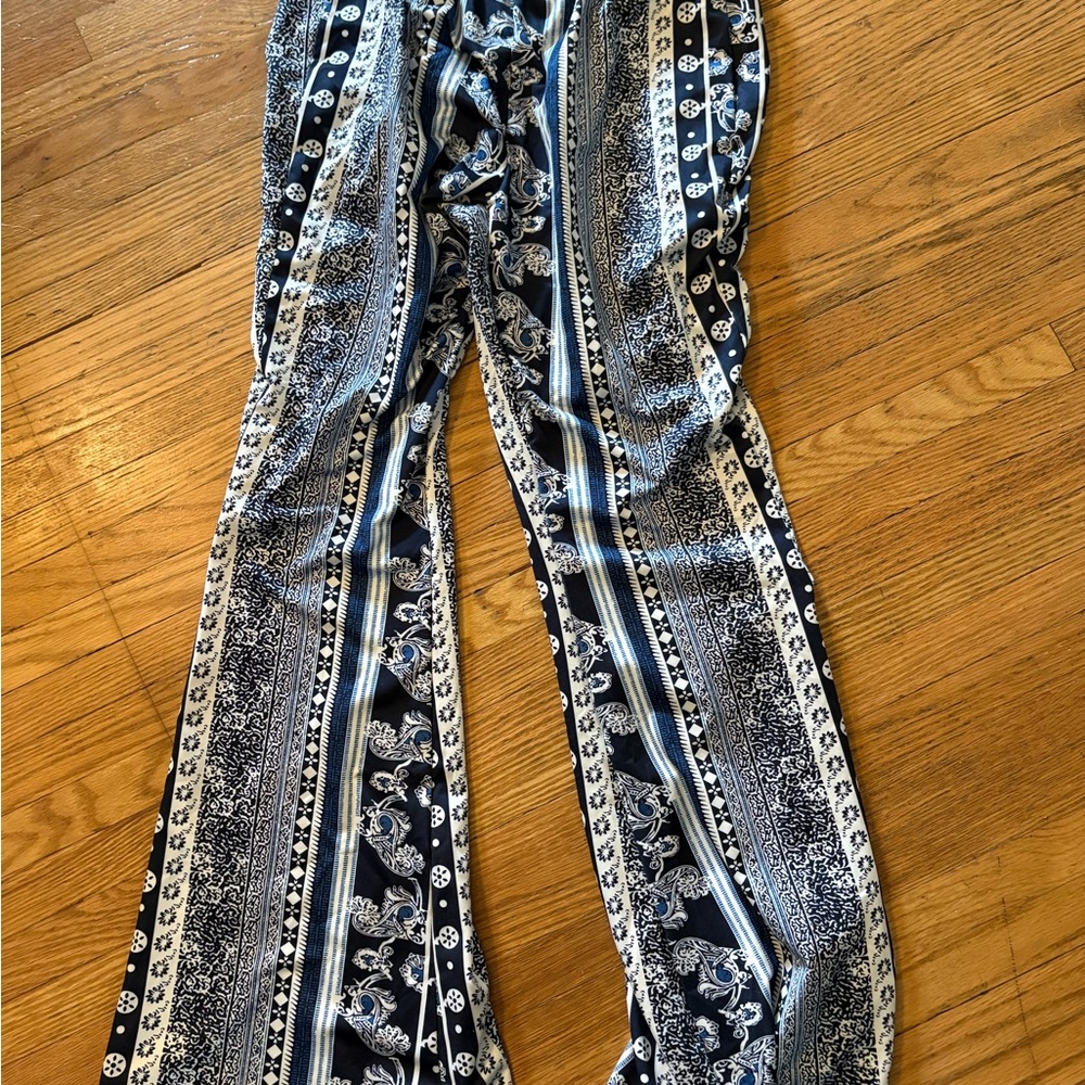 SHEIN Blue and White Floral Flare Pants